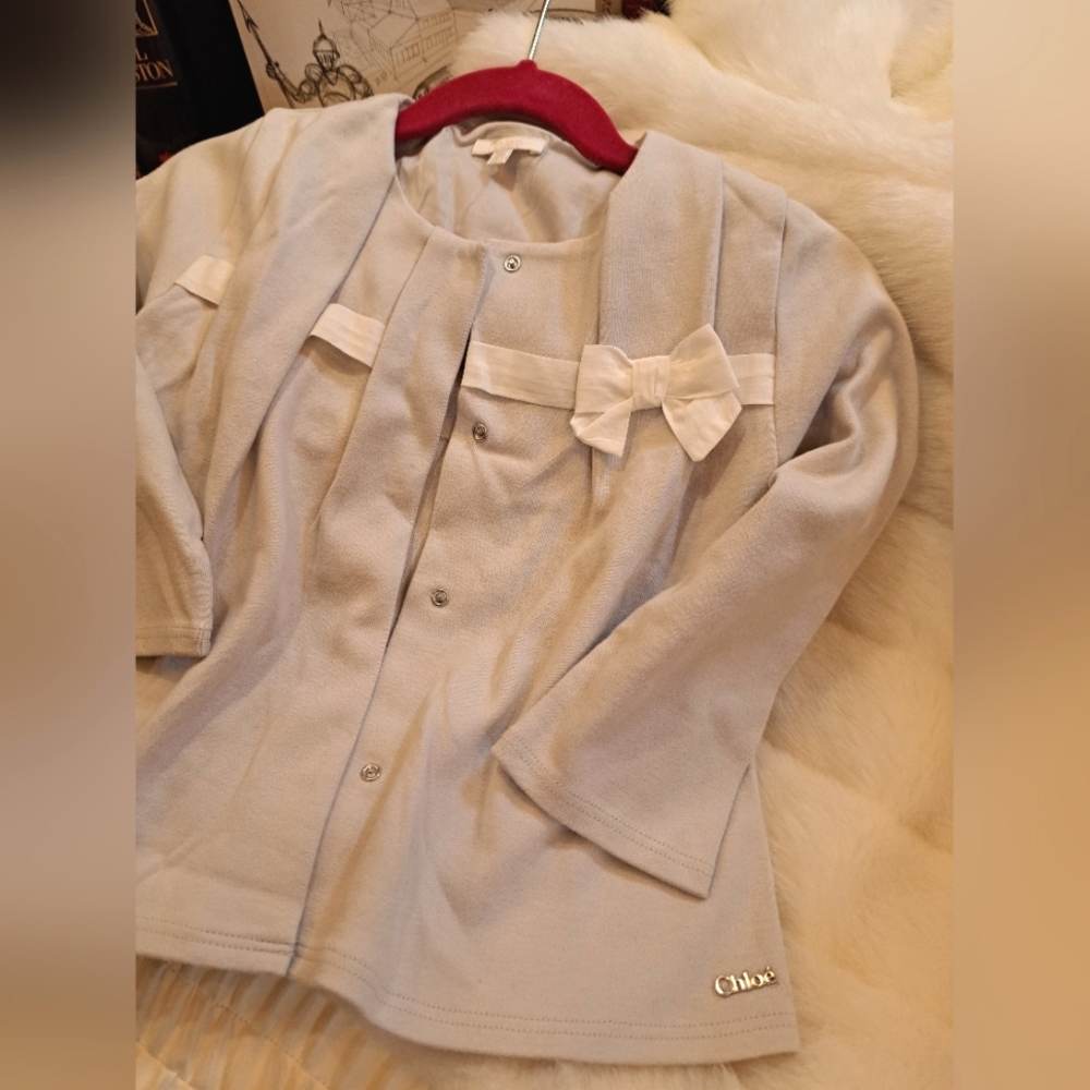 Chloé 2T Long Sleeve light grey blue 100% cotton blouse with white bow, like new